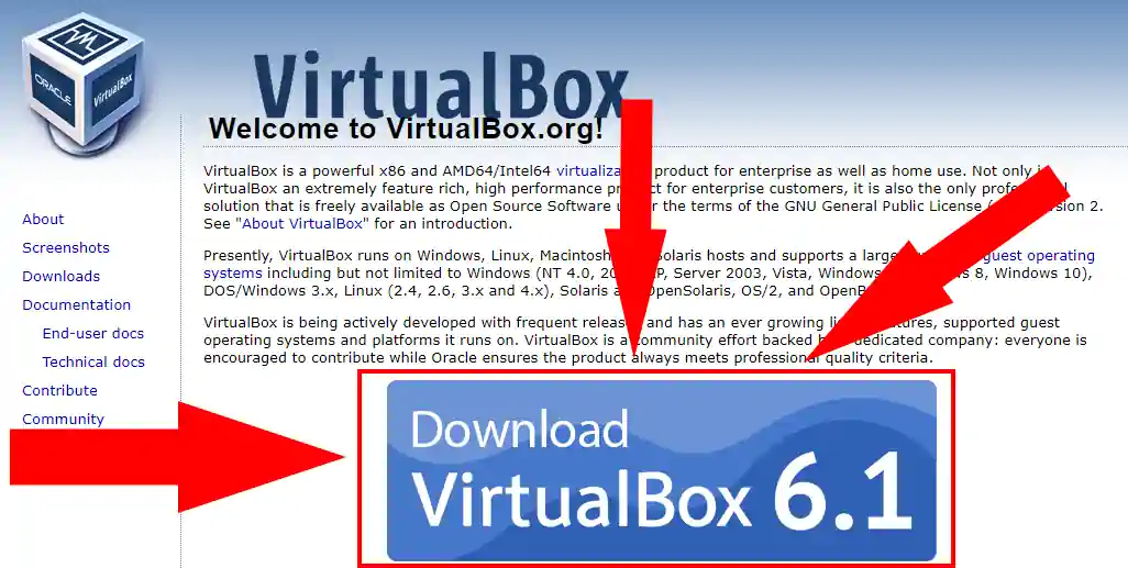 Botão para download Virtual Box