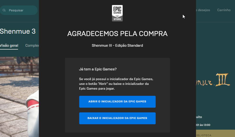 Mensagem de agradecimento pela compra do Jogo Epic Games Store