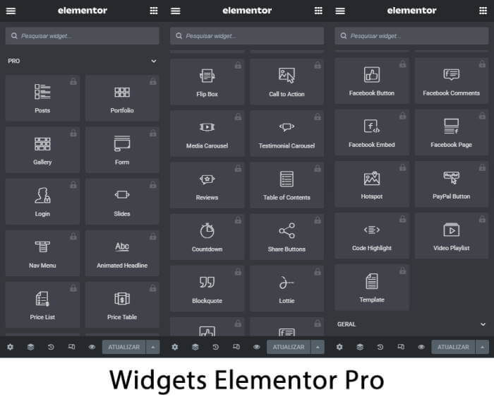 Widgets e funções do Elemento Pro bloqueados, ainda não está com o com Pro Elements que faz o Elementor Pro de Graça