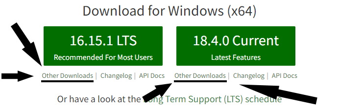 Link de outras versões de NodeJS Para Download