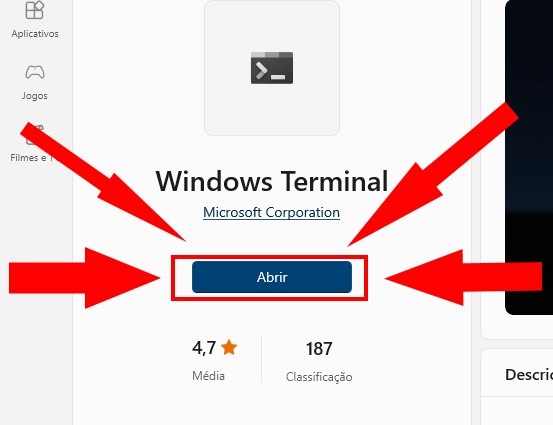 Botão abrir terminal após instalar no Windos pela Microsoft Store