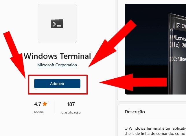 Botão Instalar o Windows Terminal na Microsoft Store