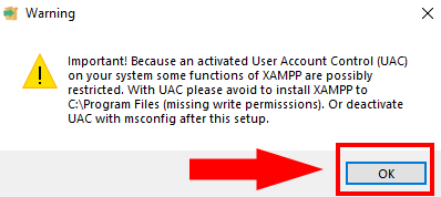 Aviso de permissão para instalar o Xampp no Windows