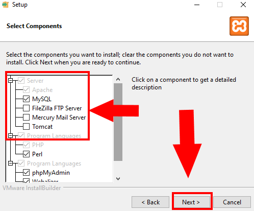 Escolha dos componentes do Xampp para serem Instalados