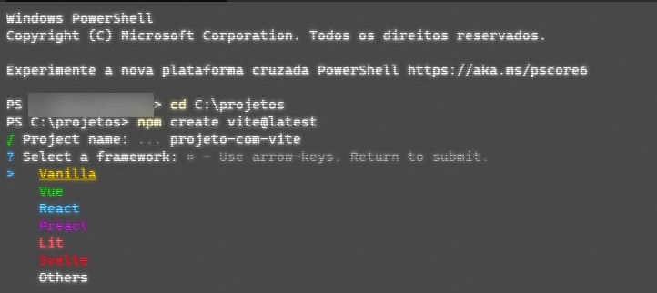 Escolhendo o tipo de projeto no Vite