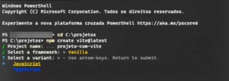 Escolhendo o tipo de tecnologia no projeto no Vite