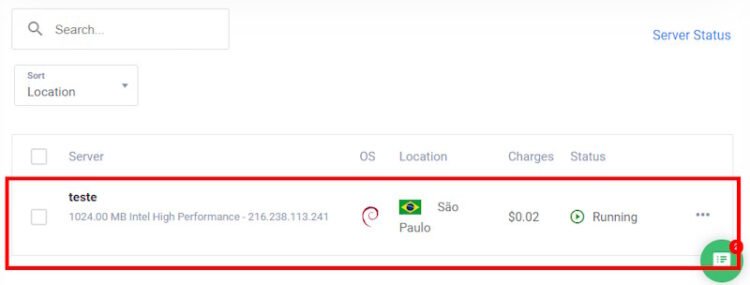 Painel Mostrando que o VPS Foi Criado Painel Mostrando que o VPS Foi Criado