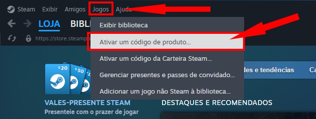 Menu da Steam para ativar serial de um jogo
