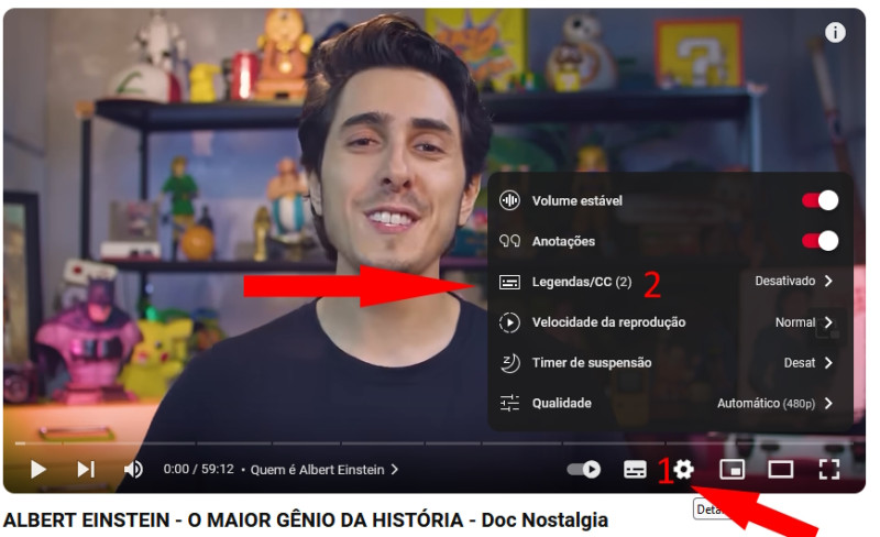Selecionando Legenda do YouTube